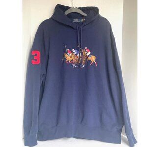 Polo Ralph Lauren Men’s XXL Blue Triple Pony Hoodie Equestrian Logo Classic Swea